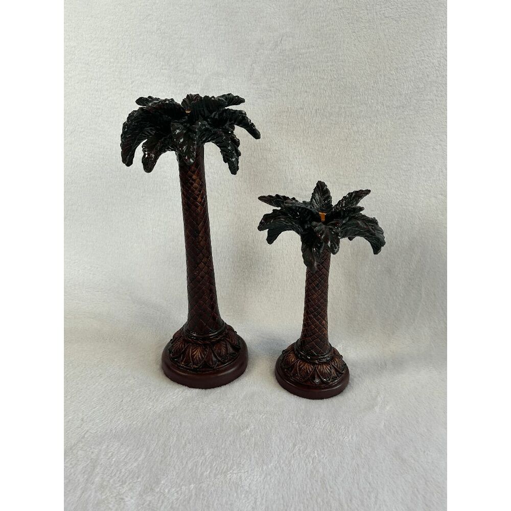 Resin Art Deco Tropical Palm Tree Candle Holders Set, Woven, Heavy, 14"